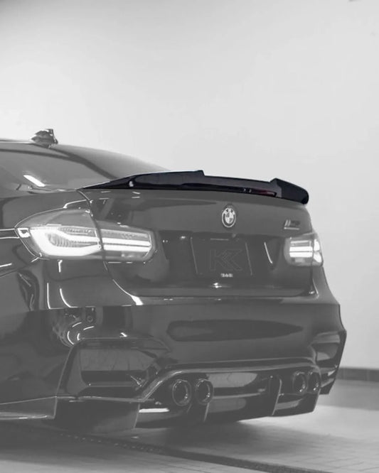 BMW 3 Series F30 F35 M3 F80 sedan carbon fiber trunk spoiler by K2 Industries, showcasing sleek PSM style design.