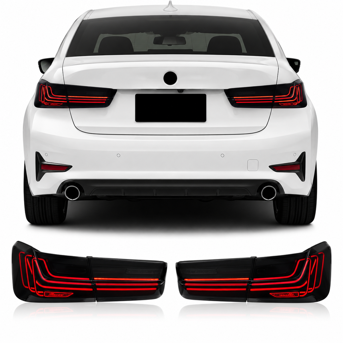 BMW 3 Series G20 G28 RGB CSL LED taillights rear lamp assembly by Vekto, showcasing the red and clear LED tail light design.