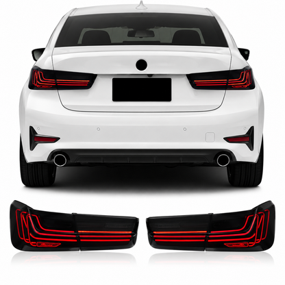 BMW 3 Series G20 G28 RGB CSL LED taillights rear lamp assembly by Vekto, showcasing the red and clear LED tail light design.