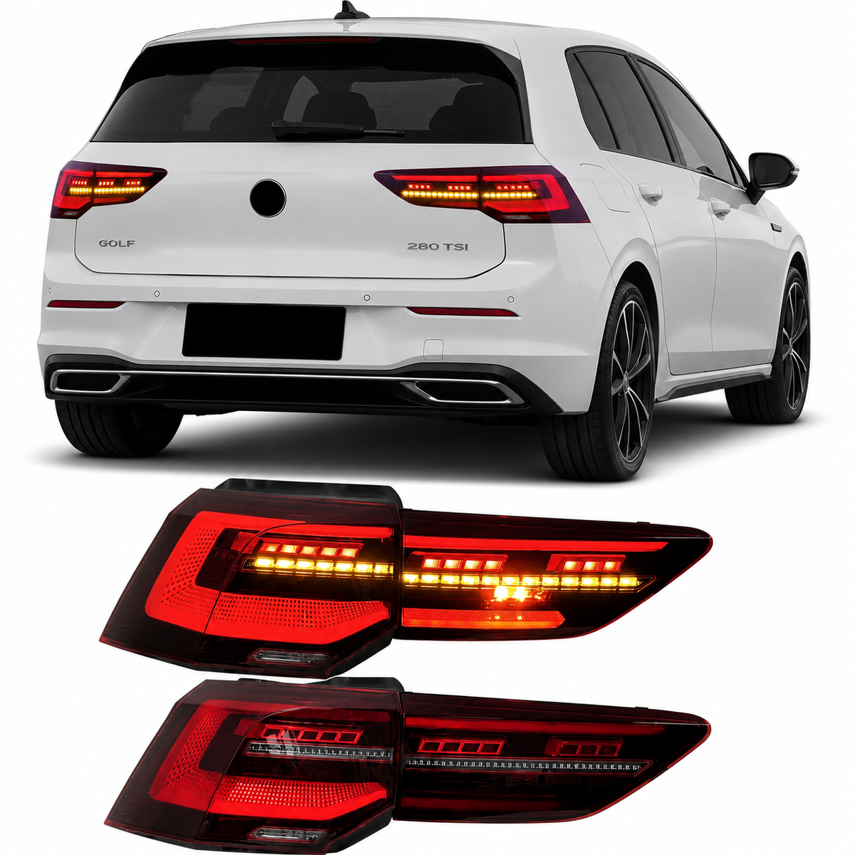 Vekto Volkswagen Golf 8 CSL Style full LED tail lights rear lamp assembly for 2018-2020 model, showing sleek taillight design.