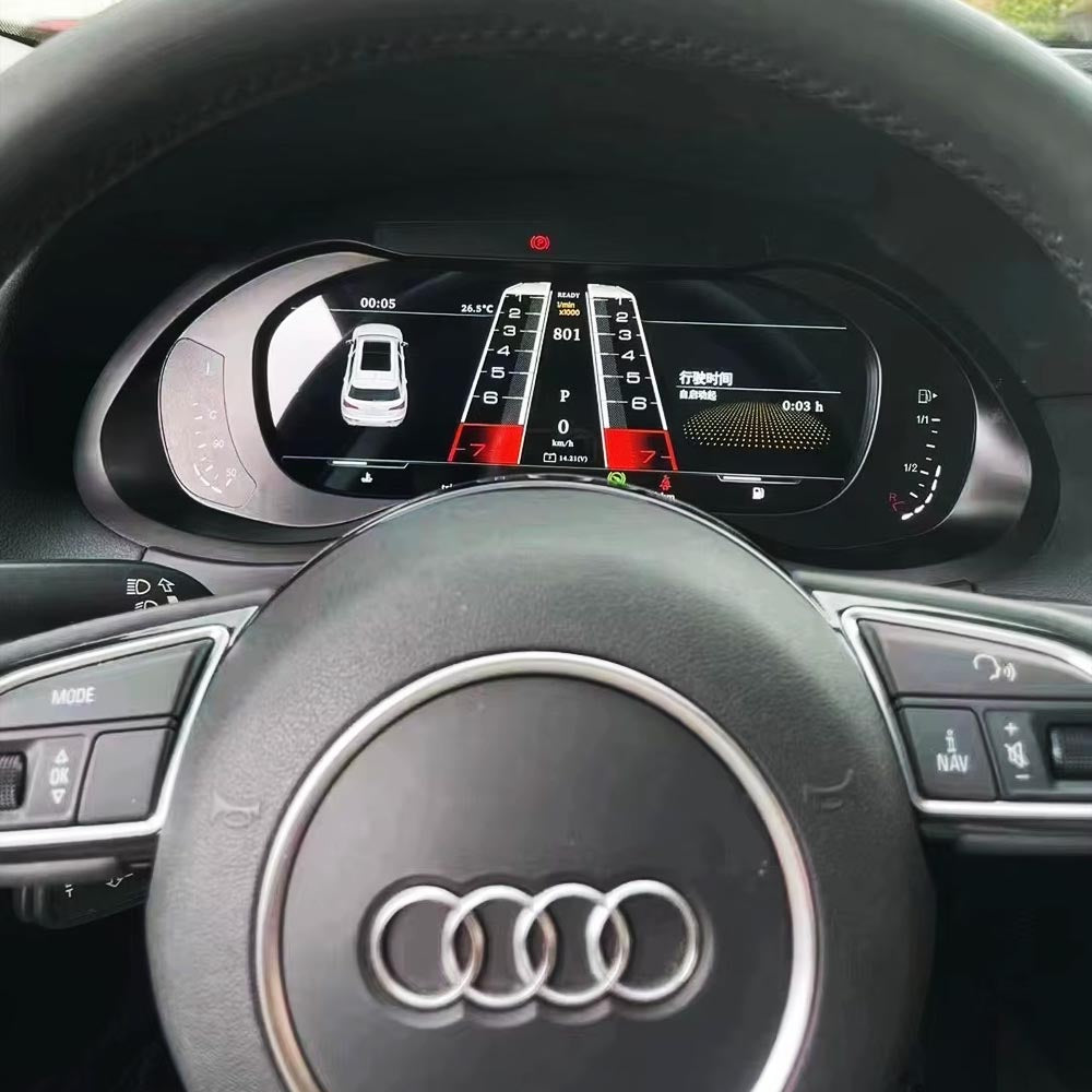 Audi A4 A5 Q5 S4 S5 B8 digital LCD cluster by Carlinklife® showing a sleek instrument gauge display in a modern vehicle dashboard.