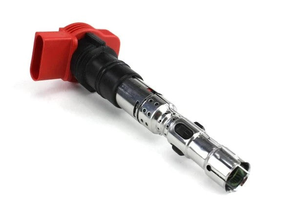 Genuine OEM Audi VW 4.0L engine ignition coil, model 077905115T, designed for 2013-2018 vehicles, with visible coil and connector.