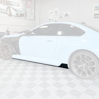 BMW 2 Series G87 M2 carbon fiber side skirts by K2 Industries, showcasing sleek, aerodynamic design for 2023+ model.