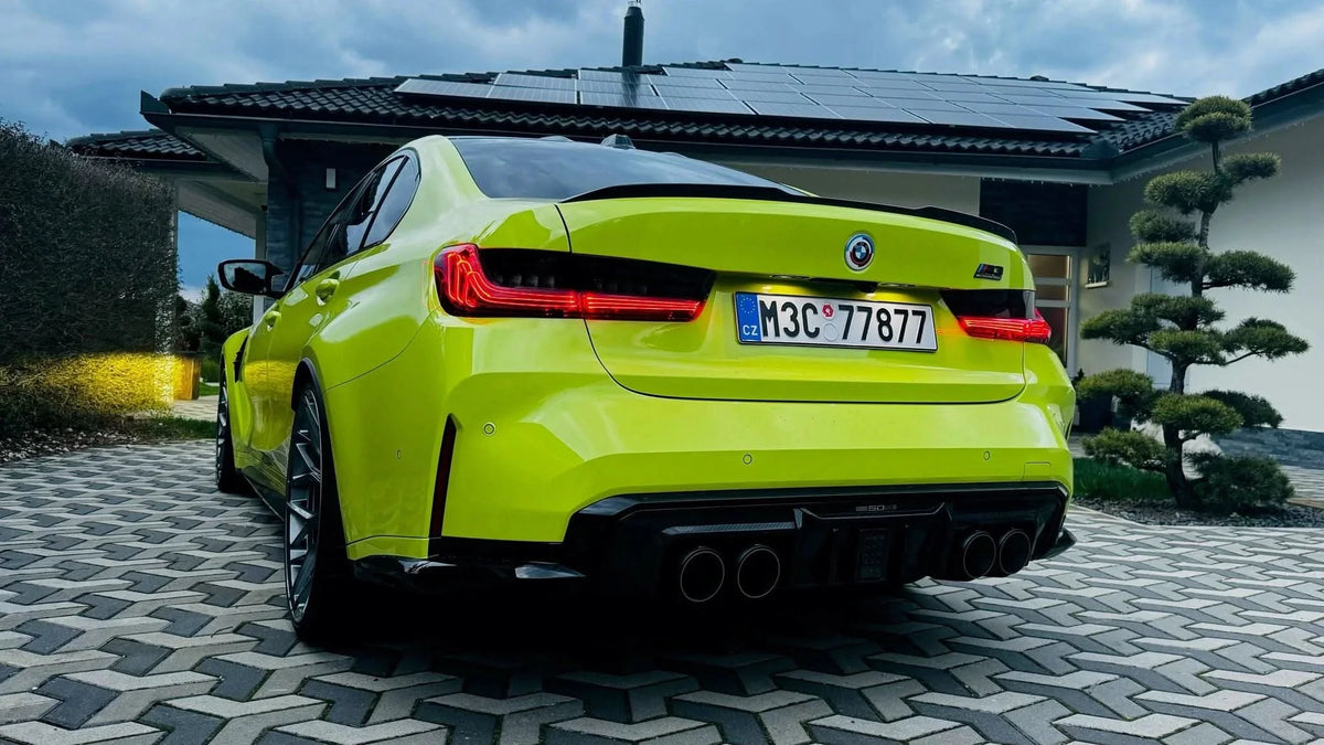 BMW 3 Series G20 G28 tail lights with red and smoked CSL style laser design by K2 Industries, visible on the vehicle.