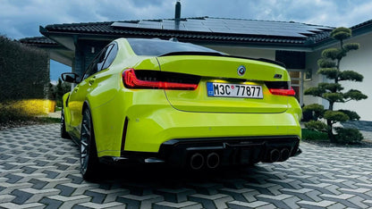 BMW 3 Series G20 G28 tail lights with red and smoked CSL style laser design by K2 Industries, visible on the vehicle.