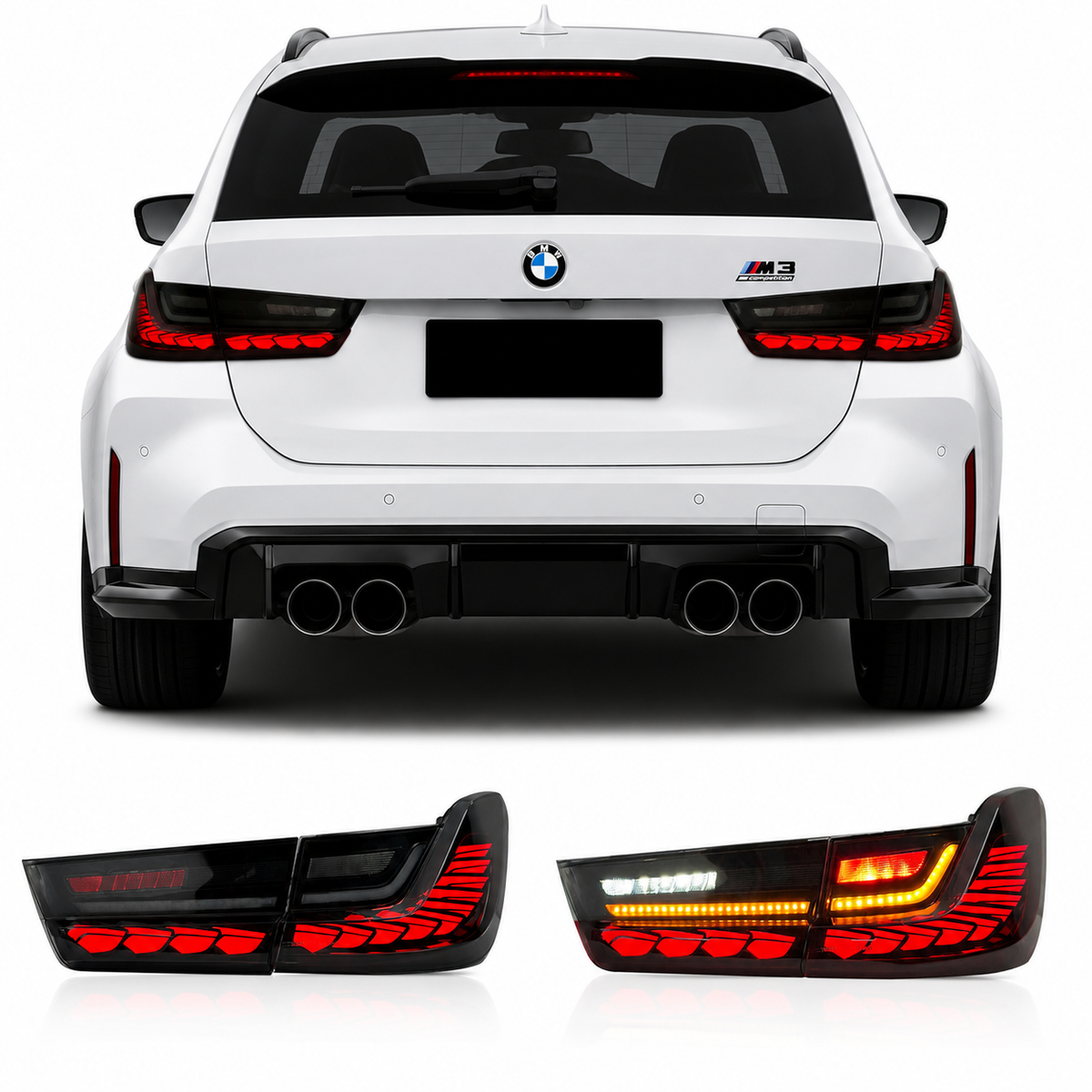 BMW 3 Series G81 and M3/M4 GTS style dragon scale LED taillights by Vekto, featuring intricate light pattern and sleek design.