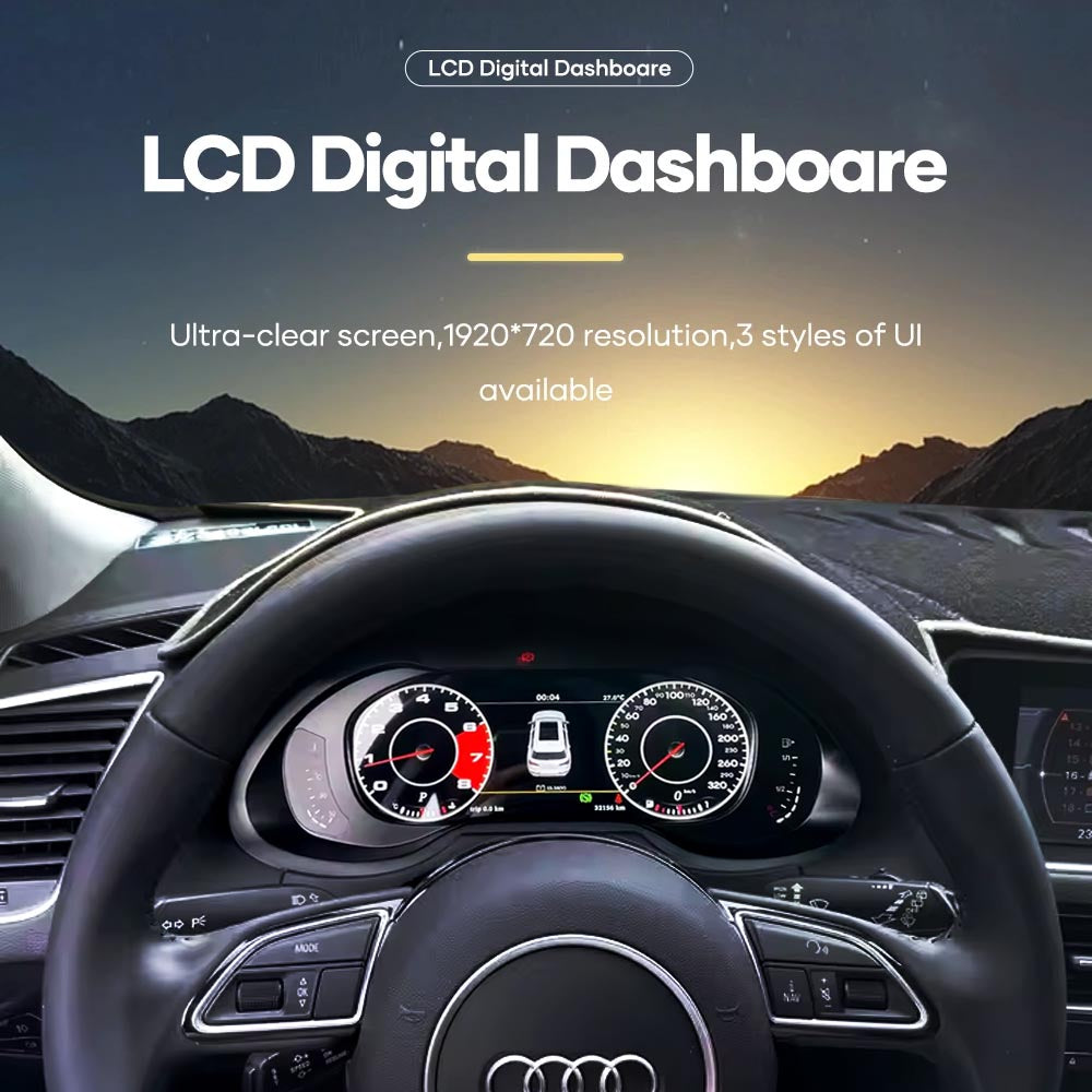 Audi A4 A5 Q5 S4 S5 B8 digital LCD dashboard instrument cluster by Carlinklife® showing speedometer, tachometer, and digital display.