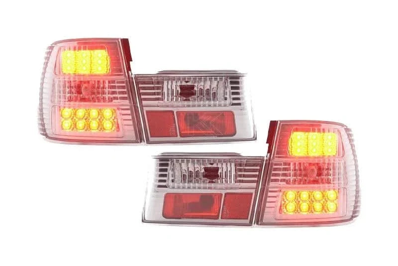 BMW 5-series E34 chrome clear LED taillights set by K2 Industries, showing sleek tail light design for 1988-1994 models.