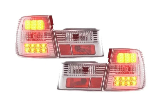BMW 5-series E34 chrome clear LED taillights set by K2 Industries, showing sleek tail light design for 1988-1994 models.