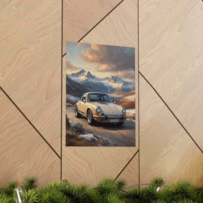 1973 Porsche 911 Wall Art Beige Sahara Grey Snow Capped Alps Alpine Pass Sunset Poster Classic German Sports Car Oil Painting Fine Art Print for Home Office Decor