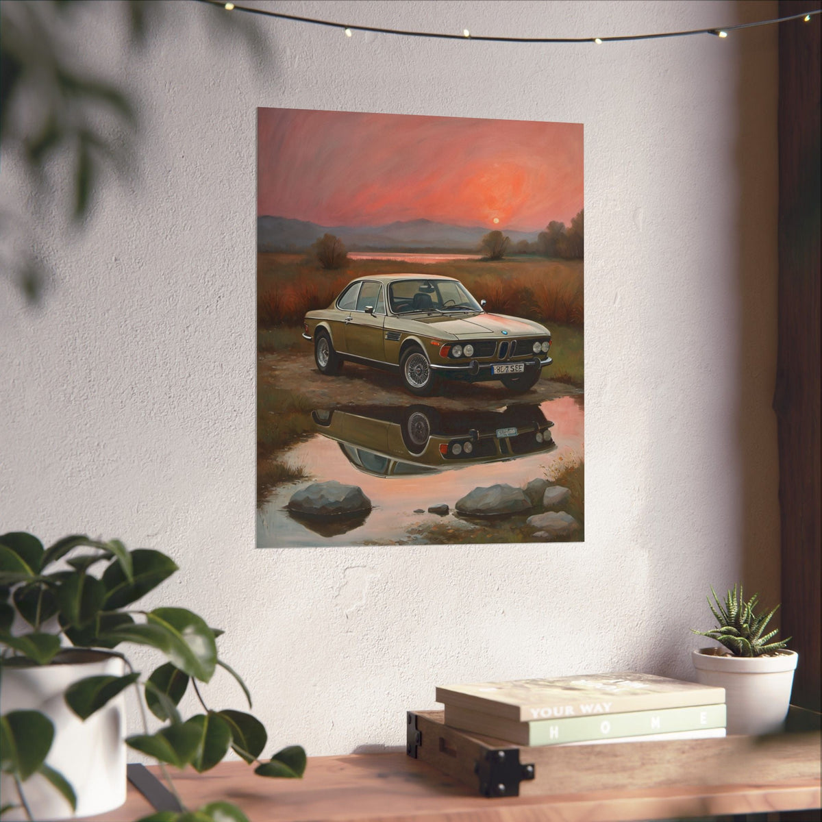 1973 BMW 30 CSL Wall Art Polaris Silver Gold Lake Sunset Water Reflection Poster Classic German Sports Coupe Oil Painting Fine Art Print for Home Office Decor