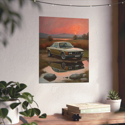 1973 BMW 30 CSL Wall Art Polaris Silver Gold Lake Sunset Water Reflection Poster Classic German Sports Coupe Oil Painting Fine Art Print for Home Office Decor