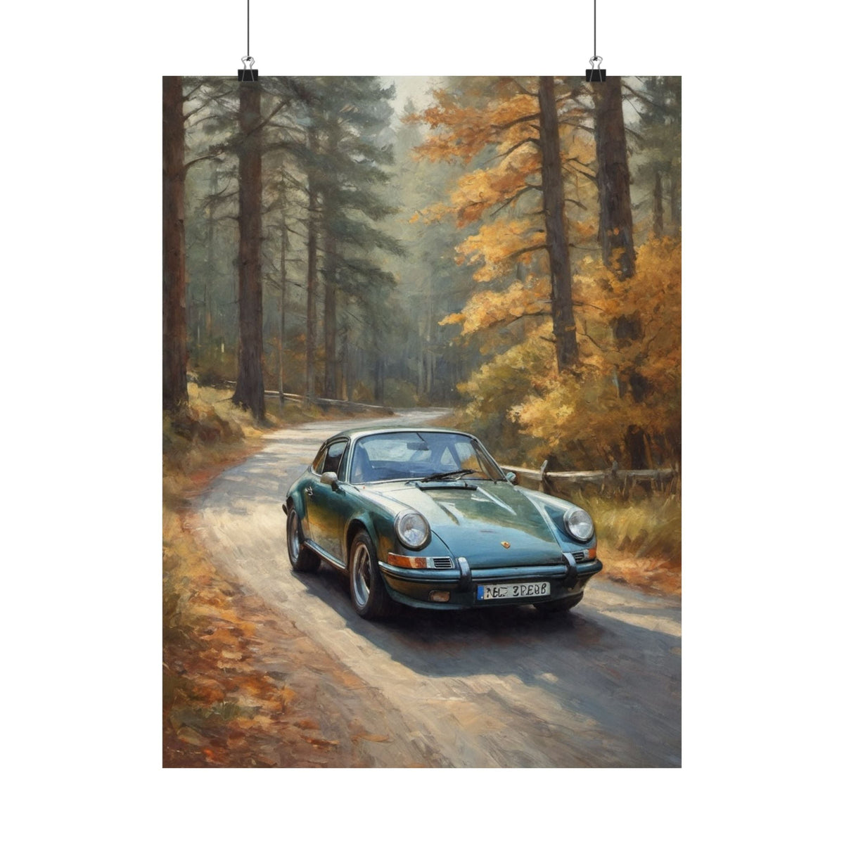 1973 Porsche 911 Wall Art Forest Green Autumn Pine Forest Dirt Road Poster Classic German Sports Car Oil Painting Fine Art Print for Home Office Decor