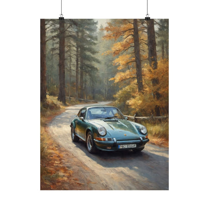 1973 Porsche 911 Wall Art Forest Green Autumn Pine Forest Dirt Road Poster Classic German Sports Car Oil Painting Fine Art Print for Home Office Decor