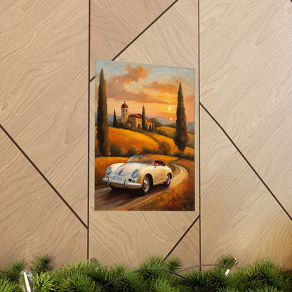 Vintage 1956 Porsche 356 Speedster Poster | Tuscan Countryside Sunset Wall Art | Impressionist European Classic Sports Car Fine Art Paper Print