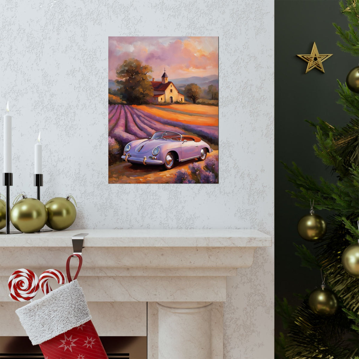 Vintage 1956 Porsche 356 Speedster Poster | Provence Lavender Field Sunset Wall Art | Impressionist European Classic Sports Car Fine Art Paper Print