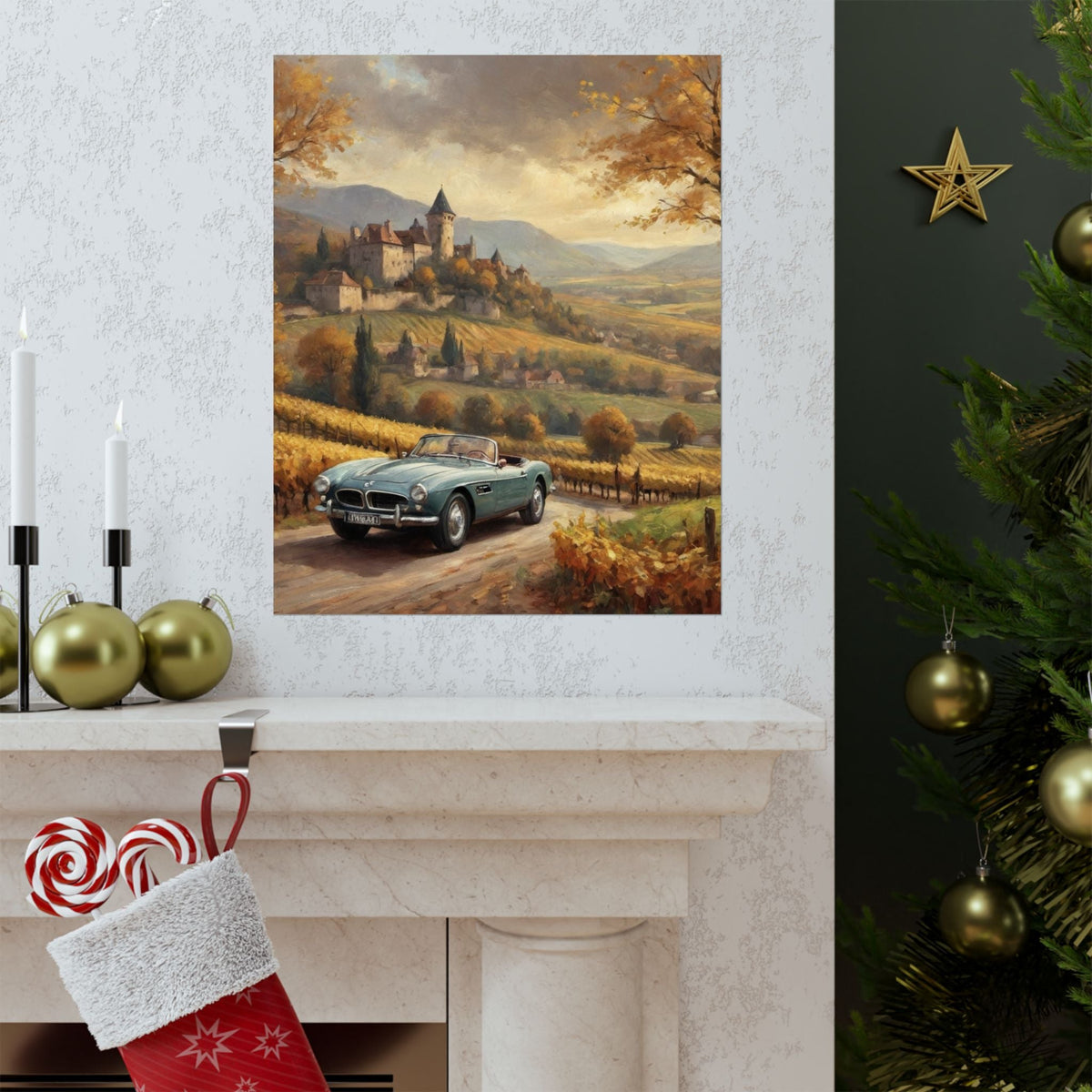 Vintage 1957 BMW 507 Roadster Poster | Autumn Vineyard Castle Valley Wall Art | Impressionist European Classic Sports Car Fine Art Paper Print