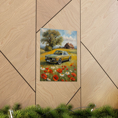 1973 BMW 30 CSL Wall Art Taiga Green Spring Poppy Field Countryside Barn Poster Classic German Sports Coupe Oil Painting Fine Art Print for Home Office Decor