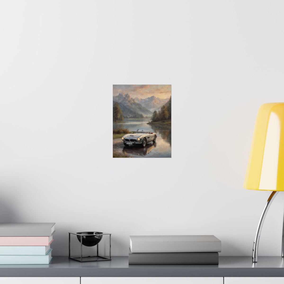 Vintage 1957 BMW 507 Roadster Poster | Alpine Lake Sunset Reflection Wall Art | Impressionist European Classic Sports Car Fine Art Paper Print