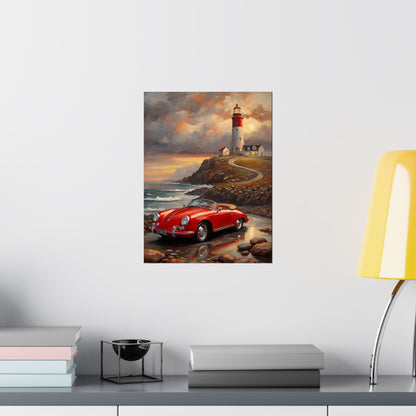 Vintage 1956 Porsche 356 Speedster Poster | Coastal Lighthouse Sunset Wall Art | Impressionist European Classic Sports Car Fine Art Paper Print