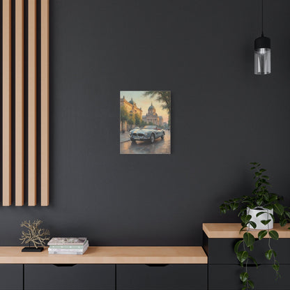 Vintage 1957 BMW 507 Roadster Canvas Wall Art | European City Boulevard Sunset Canvas Print | Impressionist Classic European Sports Car Art for Living Room & Office