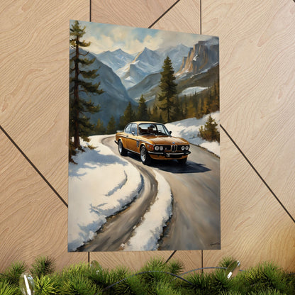 1973 BMW 30 CSL Wall Art Inka Orange Bronze Alpine Mountain Pass Snow Road Poster Classic German Sports Coupe Oil Painting Fine Art Print for Home Office Decor