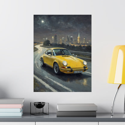 1973 Porsche 911 Wall Art Signal Yellow Night Highway City Skyline Full Moon Poster Classic German Sports Car Oil Painting Fine Art Print for Home Office Decor