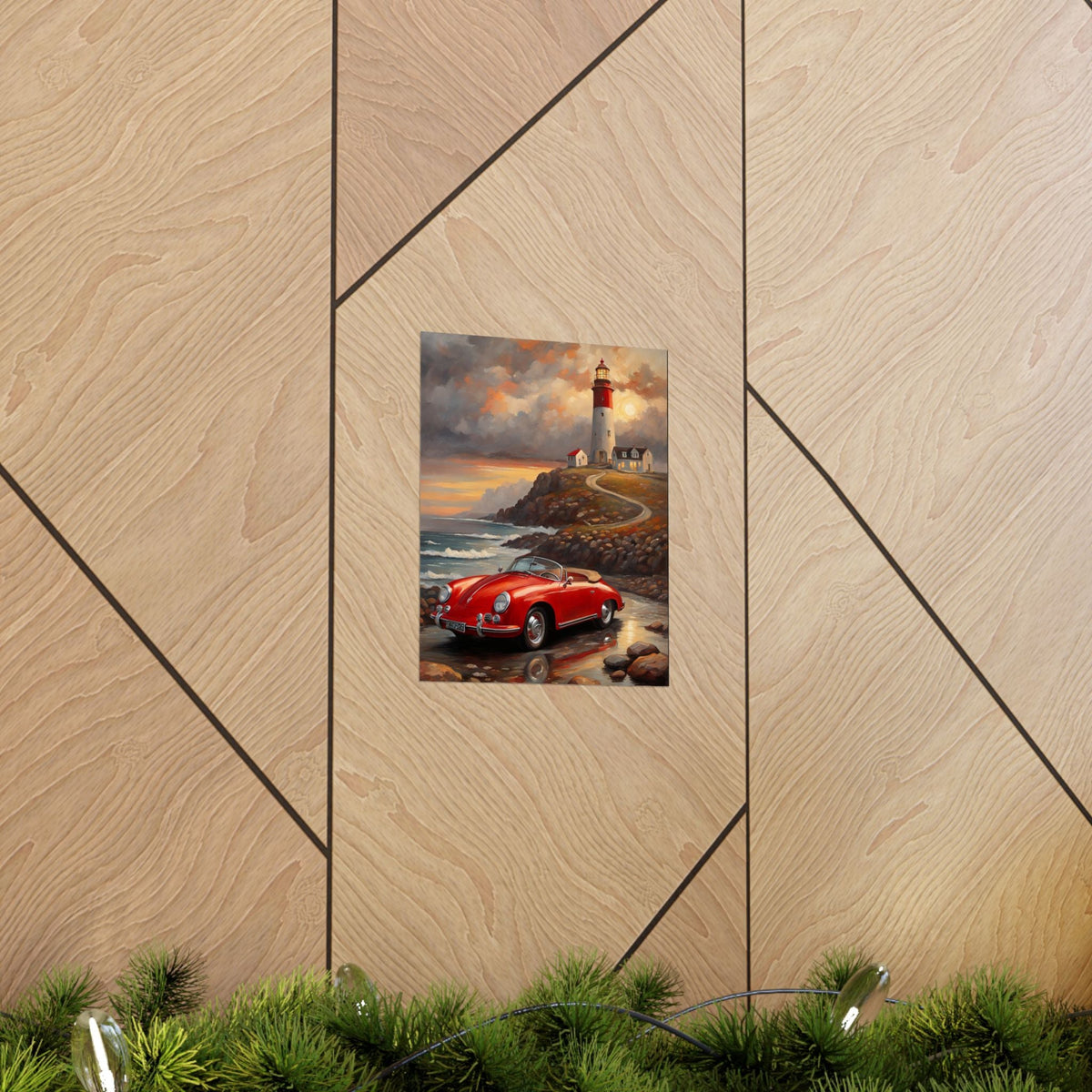 Vintage 1956 Porsche 356 Speedster Poster | Coastal Lighthouse Sunset Wall Art | Impressionist European Classic Sports Car Fine Art Paper Print