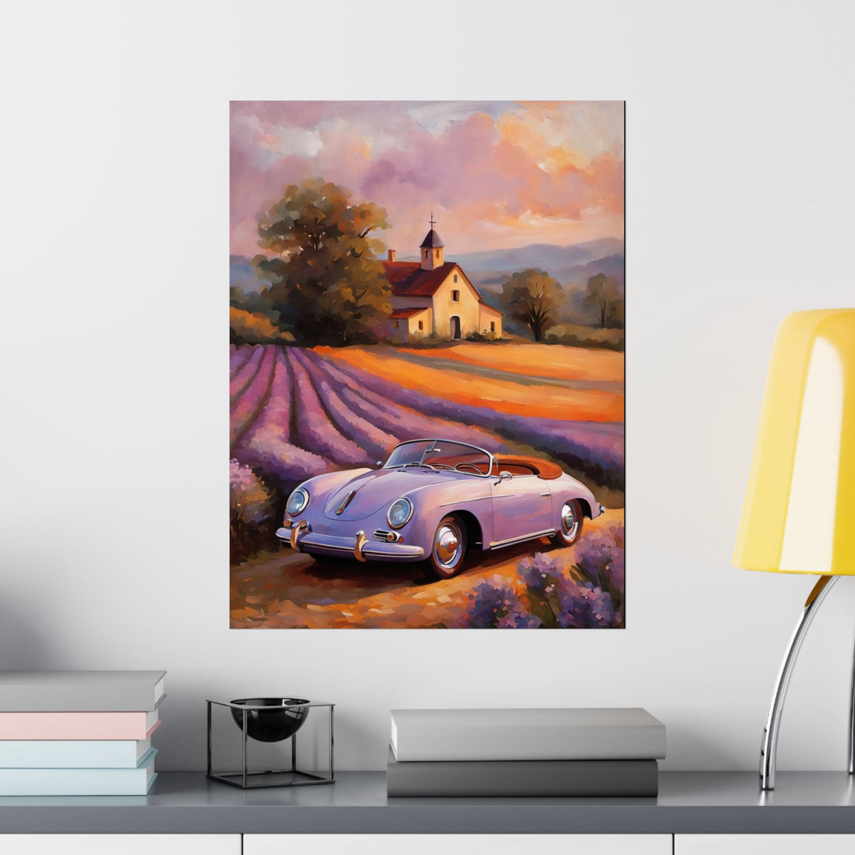 Vintage 1956 Porsche 356 Speedster Poster | Provence Lavender Field Sunset Wall Art | Impressionist European Classic Sports Car Fine Art Paper Print