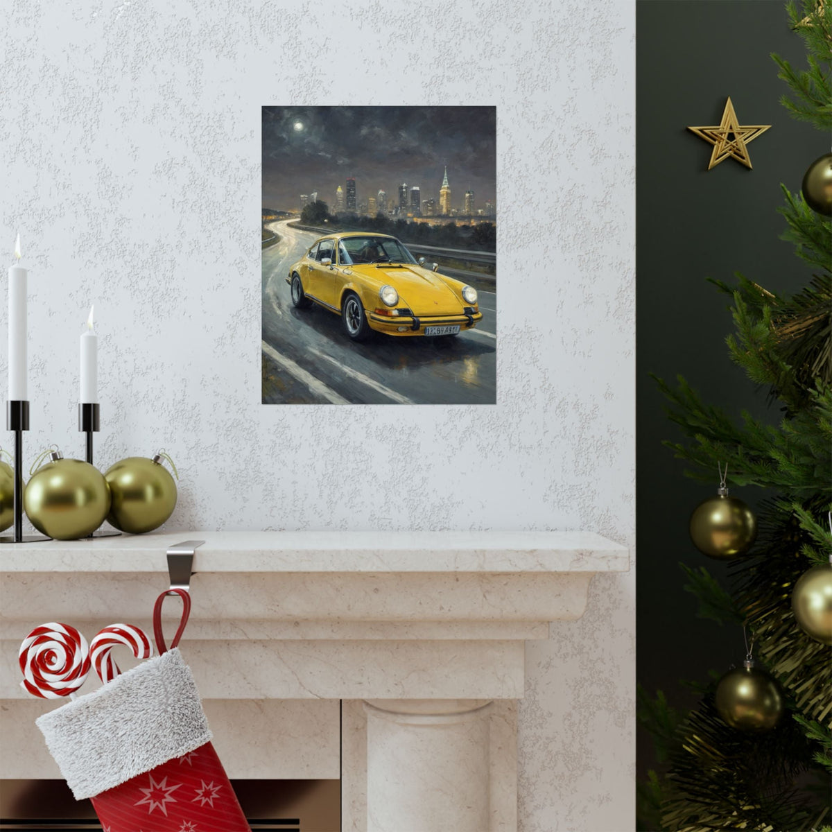 1973 Porsche 911 Wall Art Signal Yellow Night Highway City Skyline Full Moon Poster Classic German Sports Car Oil Painting Fine Art Print for Home Office Decor