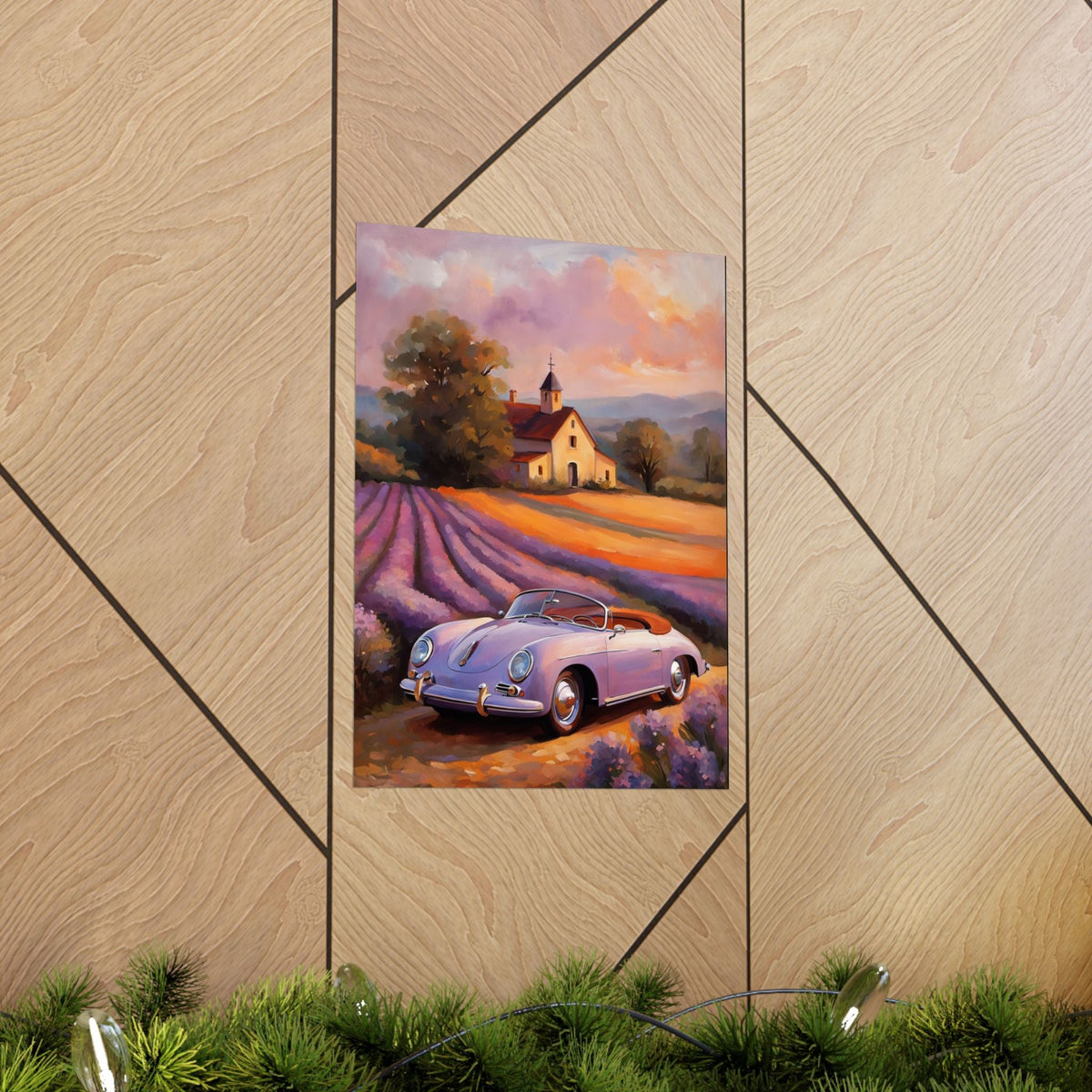 Vintage 1956 Porsche 356 Speedster Poster | Provence Lavender Field Sunset Wall Art | Impressionist European Classic Sports Car Fine Art Paper Print