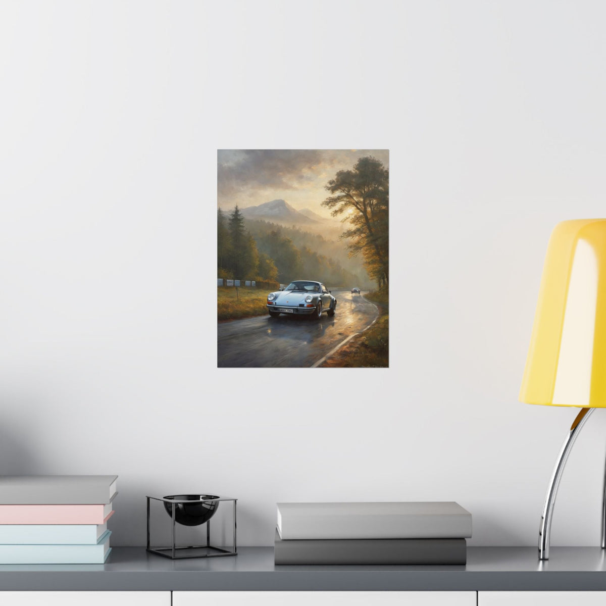 1973 Porsche 911 Wall Art Silver Metallic Nürburgring Nordschleife Misty Forest Racetrack Sunrise Poster Classic German Sports Car Oil Painting Fine Art Print for Home Office Decor
