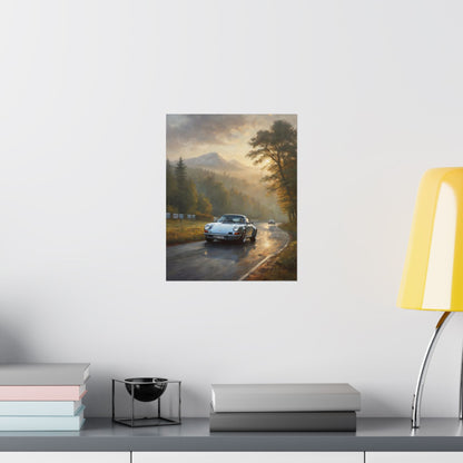 1973 Porsche 911 Wall Art Silver Metallic Nürburgring Nordschleife Misty Forest Racetrack Sunrise Poster Classic German Sports Car Oil Painting Fine Art Print for Home Office Decor
