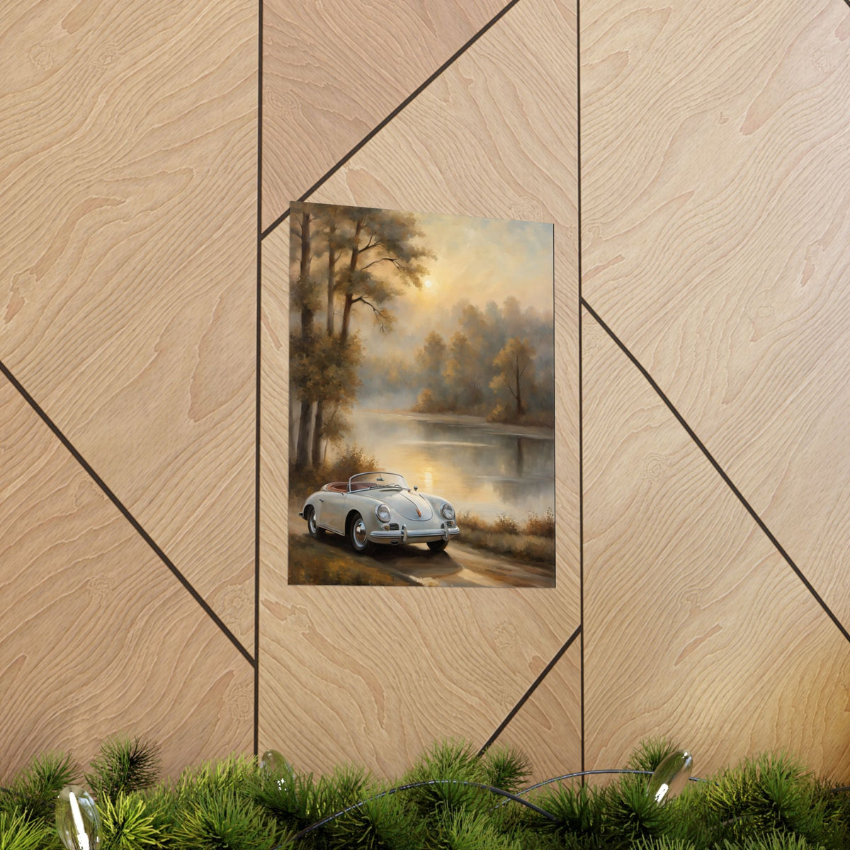 Vintage 1956 Porsche 356 Speedster Poster | Misty Lakeside Sunrise Wall Art | Impressionist European Classic Sports Car Fine Art Paper Print