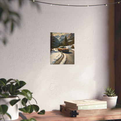 1973 BMW 30 CSL Wall Art Inka Orange Bronze Alpine Mountain Pass Snow Road Poster Classic German Sports Coupe Oil Painting Fine Art Print for Home Office Decor