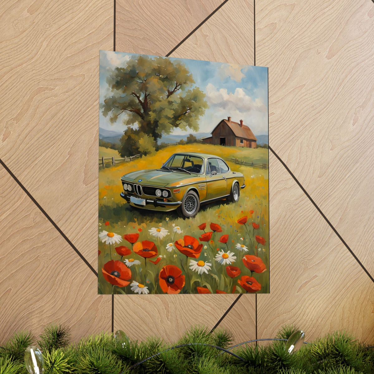 1973 BMW 30 CSL Wall Art Taiga Green Spring Poppy Field Countryside Barn Poster Classic German Sports Coupe Oil Painting Fine Art Print for Home Office Decor