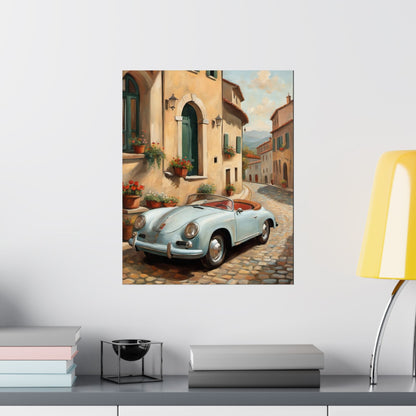 Vintage 1956 Porsche 356 Speedster Poster | Italian Village Street Wall Art | Impressionist European Classic Sports Car Fine Art Paper Print