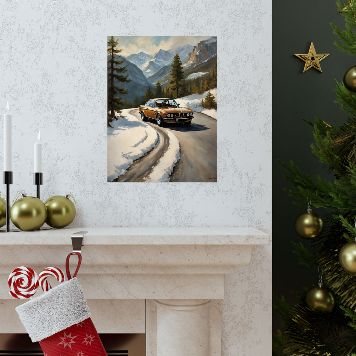 1973 BMW 30 CSL Wall Art Inka Orange Bronze Alpine Mountain Pass Snow Road Poster Classic German Sports Coupe Oil Painting Fine Art Print for Home Office Decor