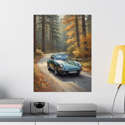 1973 Porsche 911 Wall Art Forest Green Autumn Pine Forest Dirt Road Poster Classic German Sports Car Oil Painting Fine Art Print for Home Office Decor