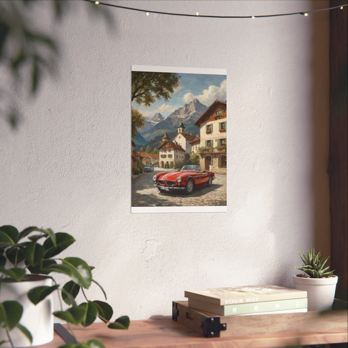 Vintage 1957 BMW 507 Roadster Poster | Bavarian Alpine Village Wall Art | Impressionist European Classic Sports Car Fine Art Paper Print