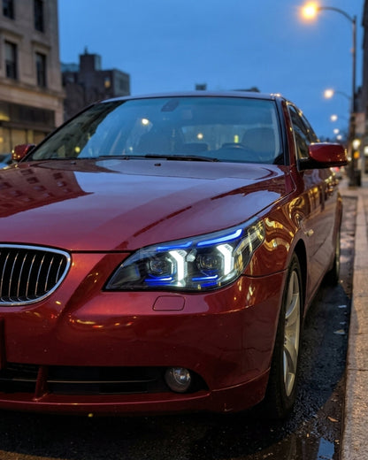 BMW 5 Series E60 snake eye LED headlight assembly with dual-color daytime running lights by K2 Industries, for 2003-2010 models.