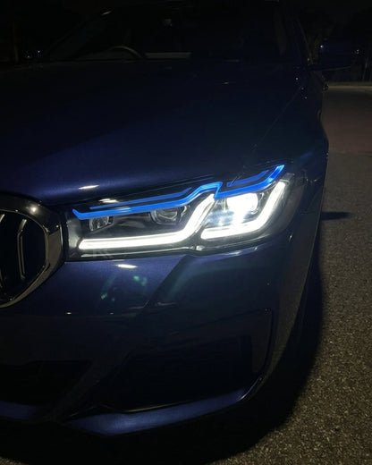 BMW 5-Series G38 G30 Laser LED headlights by K2 Industries, showing the sleek, modern headlight design with bright LED elements.