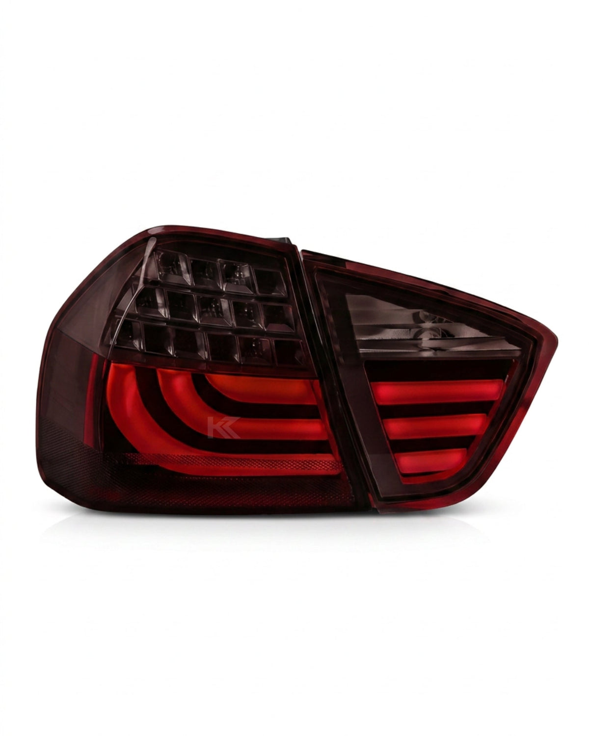BMW 3-Series E90 tail lights upgrade by K2 Industries, front and rear view showing sleek LED design for 2006-2009 models.