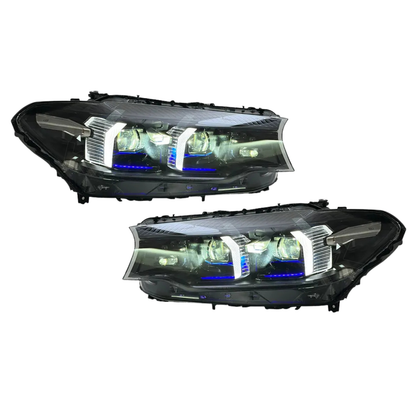 BMW 5 Series G30 G38 M5 style Laser LED headlights by K2 Industries, showing sleek LED headlight design with modern daytime running lights.