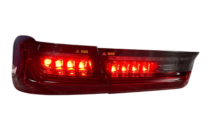 BMW 3 Series G20 G28 tail lights by K2 Industries with red and smoked CSL style laser design, for 2019-2024 models.