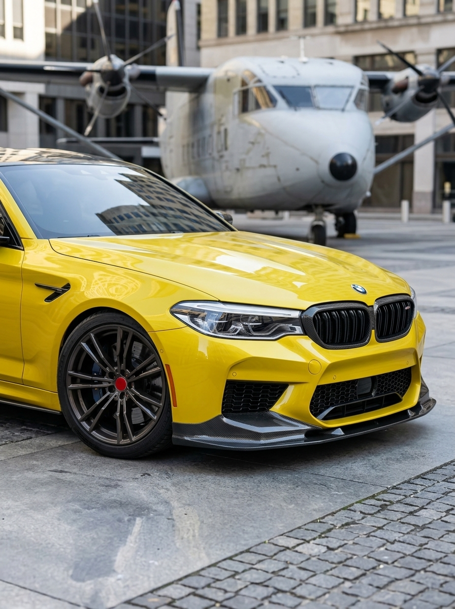 BMW 5 Series F90 M5 3D Style carbon fiber front lip by K2 Industries, showcasing sleek, aerodynamic design for sporty appearance.