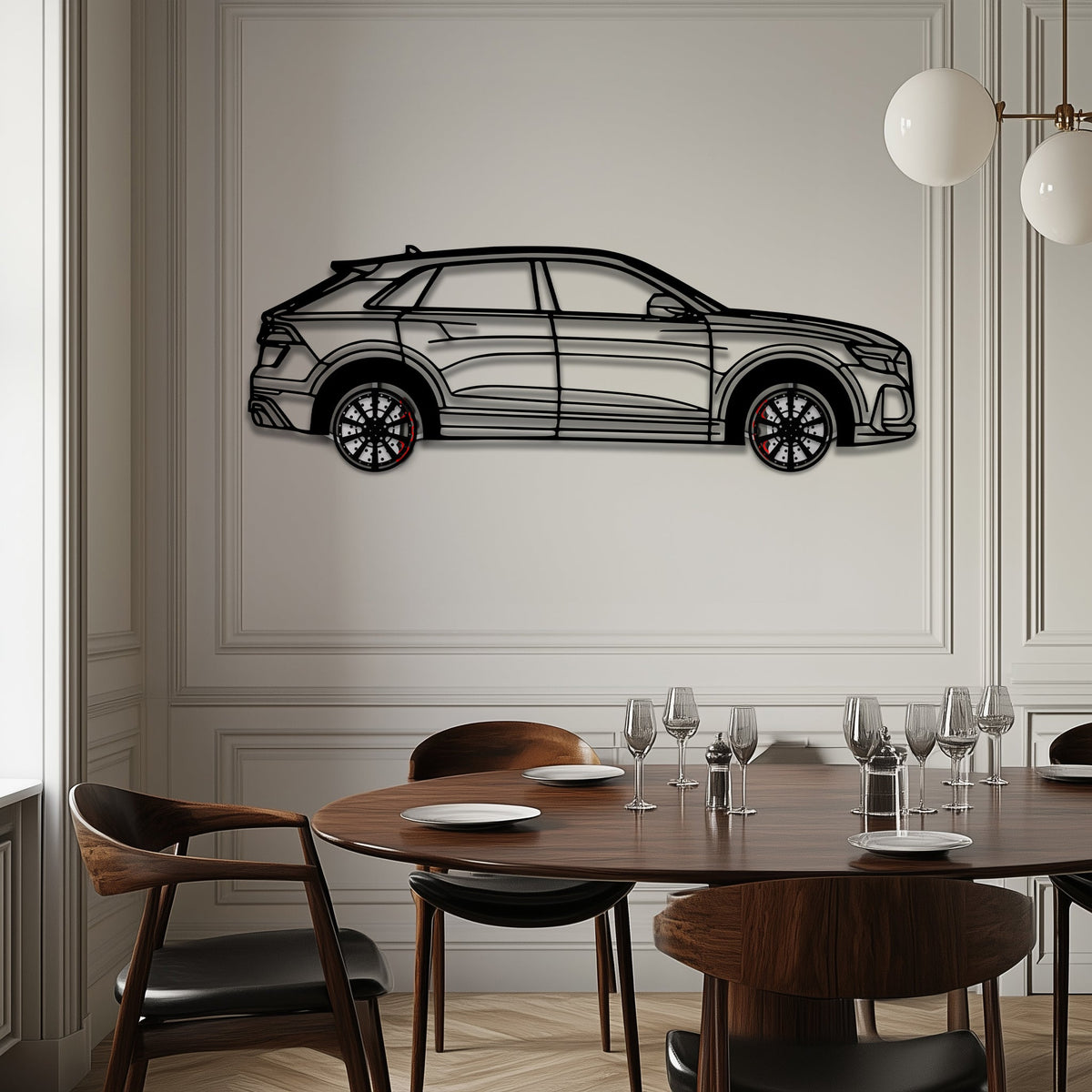 Audi Q8 Metal Car Wall Art with Rotating Wheels - Handmade Luxury SUV Silhouette Decor - Automotive Wall Art for Petrolheads - KAFMEKA095