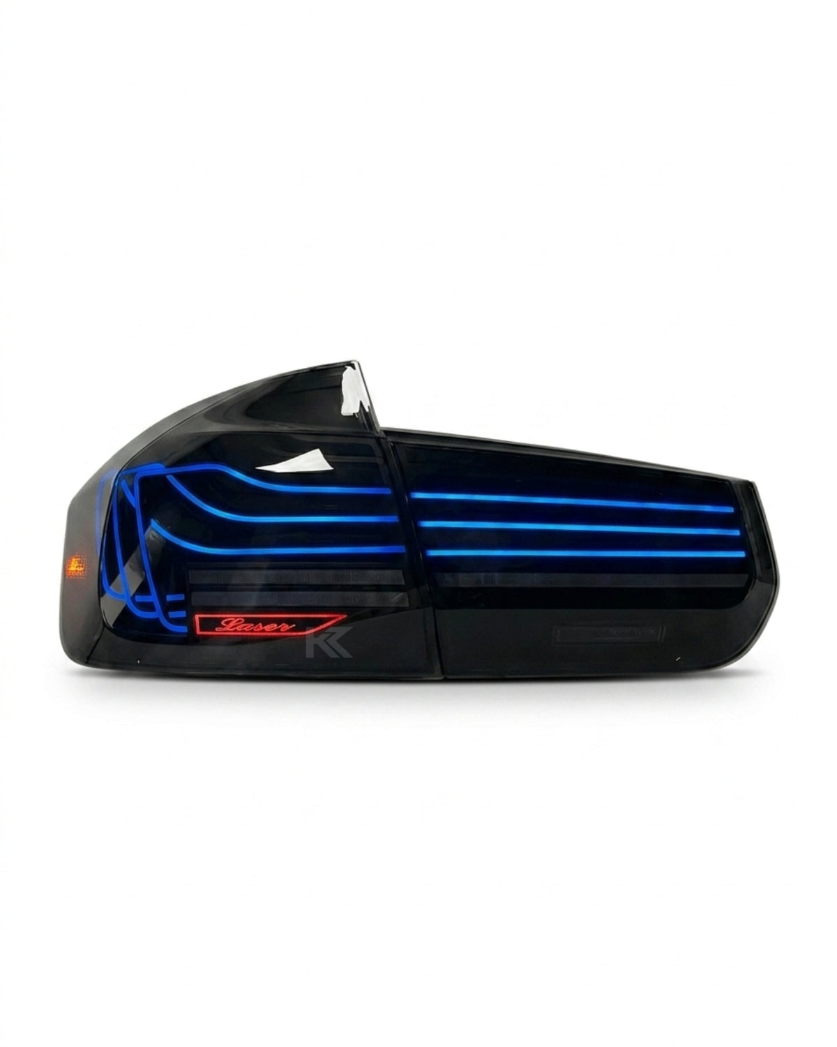 BMW 3-Series F30/F80 CSL laser style tail lights by K2 Industries with RGB color-changing LEDs, 2013-2018 model.