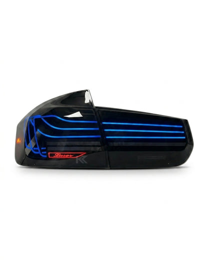 BMW 3-Series F30/F80 CSL laser style tail lights by K2 Industries with RGB color-changing LEDs, 2013-2018 model.