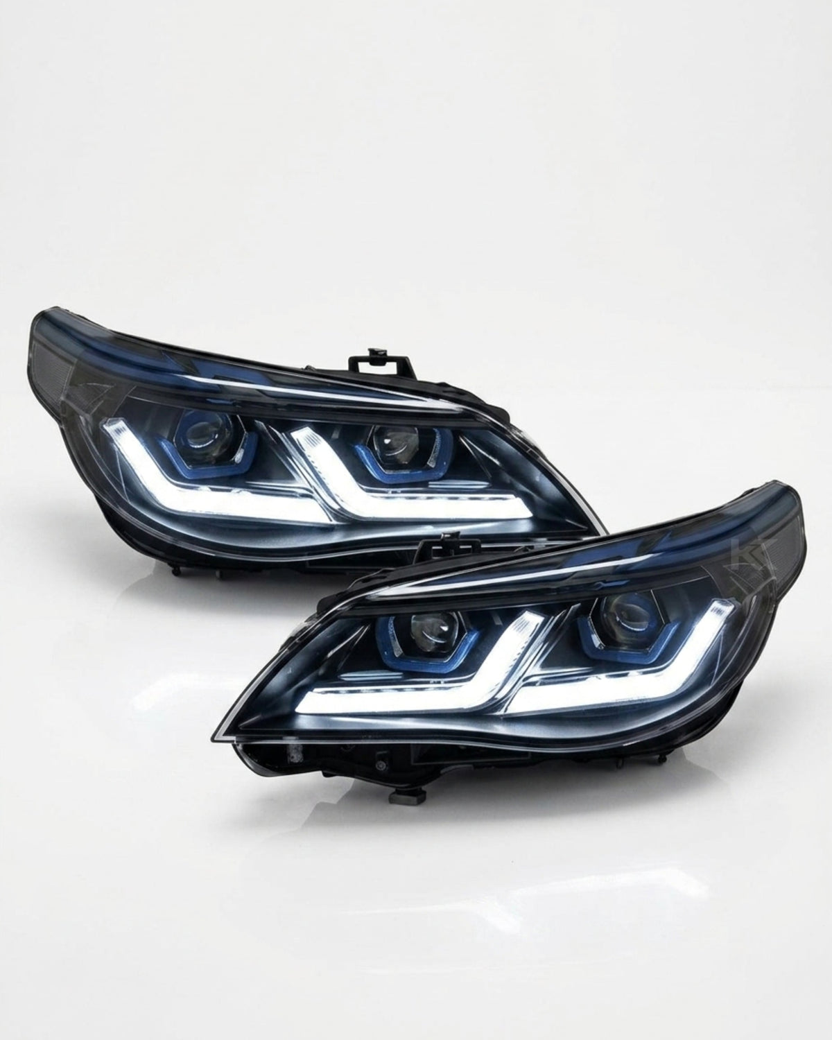 K2 Industries LED headlights for BMW 5-Series E60 E61 2003-2010, modern style headlight assembly with clear lenses and LED accents.